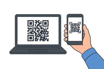 QR code scanning technology. Hand holding smartphone scans QR code on laptop screen. Barcode verification, digital authentication, contactless access, secure machine-readable code
