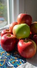 Red and green apples stacked on a colorful embroidered tablecloth  