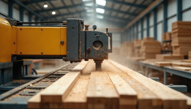 Woodworking machine cuts timber planks in workshop producing sawdust. Industrial equipment processes wood for construction. Focus on precision craftsmanship, efficient workflow, quality finish,