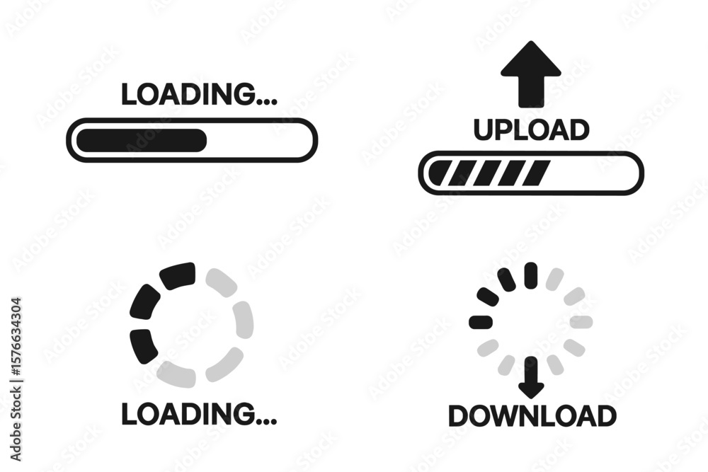 Poster loading bar icons set. upload download progress bars. circular and linear loading indicators. websit
