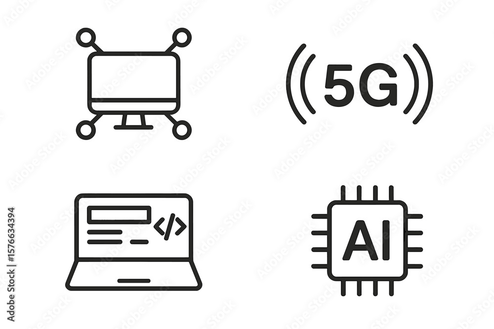 Poster modern technology line icons set. 5g network, artificial intelligence chip, computer coding, web des