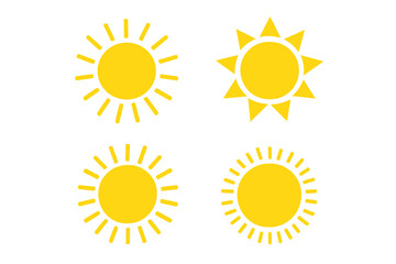 Fototapeta premium Set of 4 Yellow Sun Icons with Rays and Bursts, Summer Sunlight Silhouettes, Nature and Sky Symbols, Bright Sun Collection for Logos, Weather, and Seasonal Vector Graphics