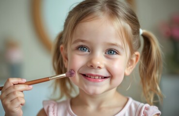 Smiling young girl with blonde pigtails applies blush with a makeup brush. She has blue eyes and pink lips, imitating her mother beauty routine, learning about cosmetics and fashion.