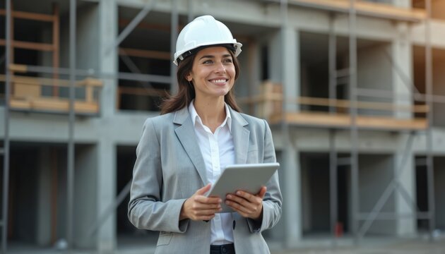 Confident female engineer with hard hat, tablet uses technology on construction site. Pro woman in architecture industry plans projects, manages development, leads teamwork for infrastructure.