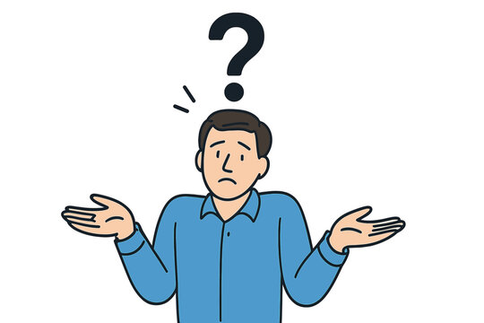 Confused man shrugging shoulders with a large question mark. Concept of doubt, choice, dilemma, problem and solution. Clueless person asking why. Vector character illustration.