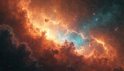 Fototapeta premium Vibrant cosmic nebula illustration with fiery oranges, deep reds, bright turquoise clouds. Starry space background with celestial details, hinting at galaxy formation, stellar birth. Ideal for