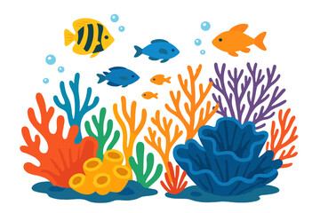 Vibrant coral reef illustration with colorful tropical fish. Cartoon underwater sea life scene. Marine nature background. Aquatic ocean bottom with seaweed and animals vector.