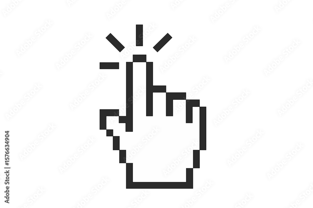 Fototapete Computer mouse click cursor. Pointer click hand symbol. Clicking finger pixel art icon. Technology user interface element. Select choice press button. Digital technology concept.