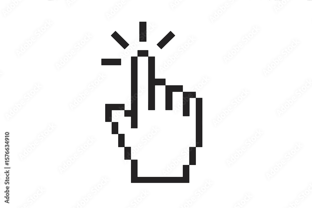 Fototapete Pixel art hand cursor icon clicking a button. Computer mouse pointer symbol for web design or user interface. Retro 8-bit style finger press gesture. Digital link select.