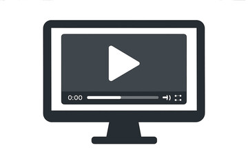 Video player on computer screen. Multimedia streaming concept. Online movie, web tutorial, e-learning. Play button on monitor display. Digital media content. Vector illustration.