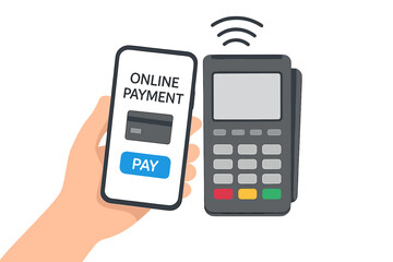 Contactless payment with smartphone. NFC technology for transactions. Mobile pay with phone and POS terminal. Digital wallet credit card purchase. Vector illustration concept.