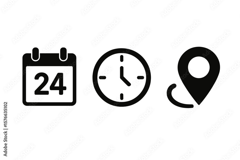 Poster event information icon set with date, time, and location symbols. appointment schedule graphic eleme