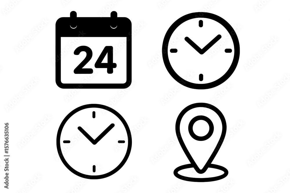 Poster date time location icon set. calendar schedule appointment day symbol. clock time watch minute sign.