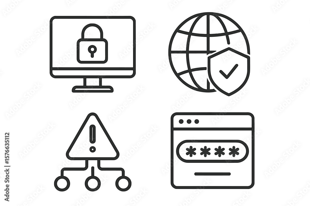Fototapete Cyber security line icon set. Internet data protection, secure global network, password authentication, vulnerability alert. Web mobile app UI UX pictogram vector symbol.