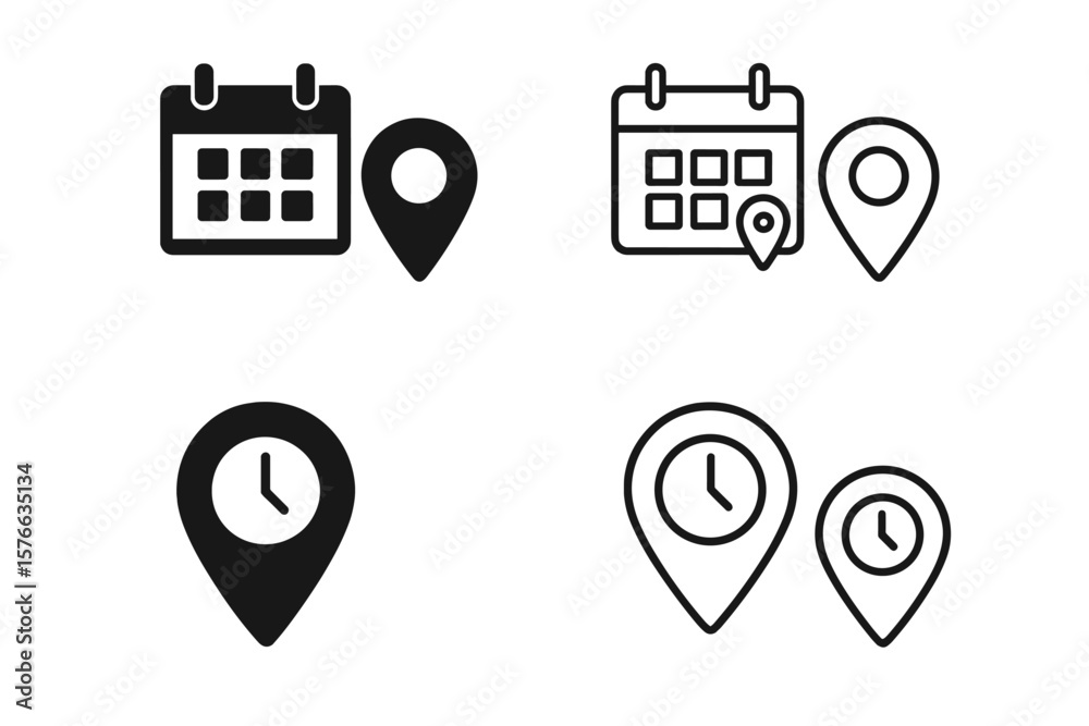 Poster date, time, location pointer icons in different styles, calendar map place address timer symbols, ve