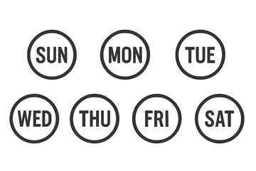 Minimalist Days of the Week Icons Set. Modern Circular Weekday Badges. Simple Bold Typography Calendar Symbols. Vector Illustration for Planner, Schedule, Organizer, Transparent Background