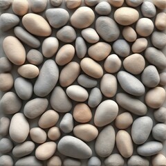 Smooth pebbles on muted gray surface. Varying size, shape rocks with rough texture. Depth, perspective created by central, scattered positioning. Neutral background highlights rock colors, textures.