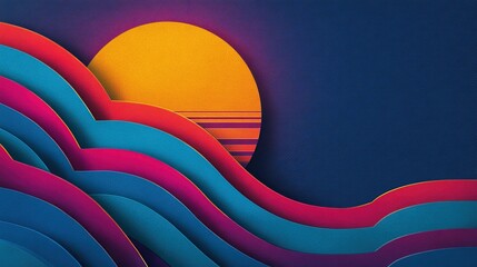 Layered paper-cut waves in vibrant blues, pinks, and purples, undulating beneath a large, stylized orange sun with retro horizontal stripes at sunset against a deep blue backdrop