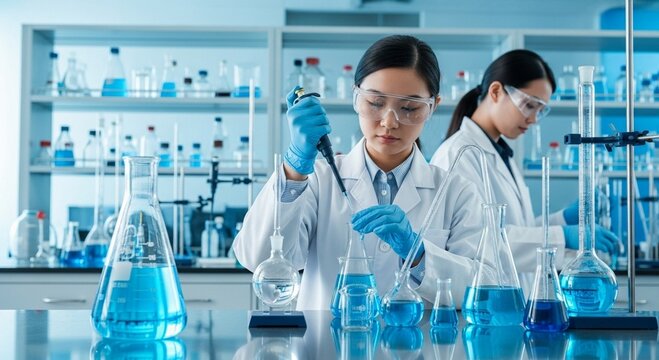 Asian scientist is using pipette to transfer liquid in a laboratory - Powered by Adobe