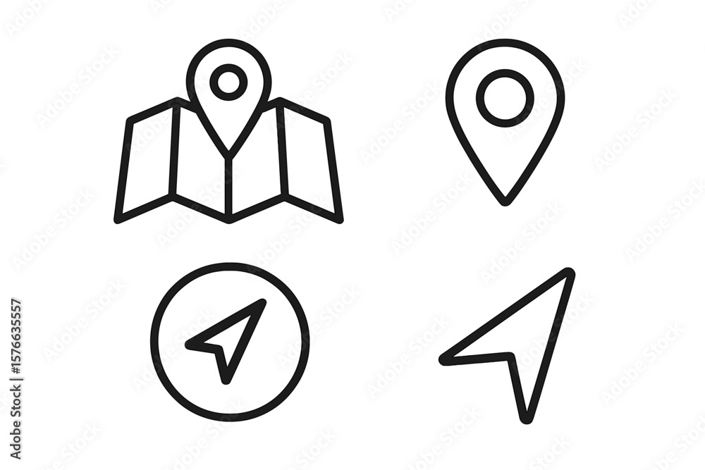 Leinwandbilder Vector GPS pin, route pointer, and destination marker icons for web and mobile app UI/UX design. Simple line art symbol collection on transparent background.