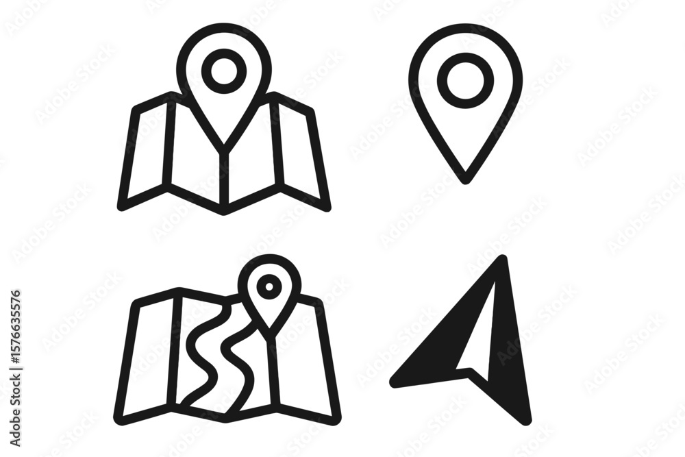 Poster map location and navigation line icon set for web and mobile app. gps pointer, destination pin, rout