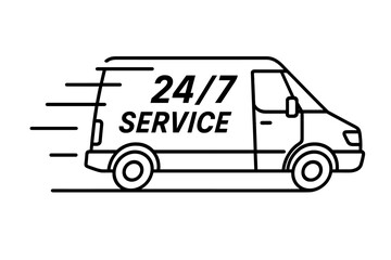 Fast delivery service van icon. 24 7 shipping and moving. Express cargo truck moving fast. Commercial transport vehicle symbol for logistics. Line art vector illustration.
