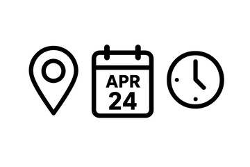 Time, date, and location vector icon set. Calendar, clock, and map pin symbols for event planning, appointment scheduling, meeting reminders, and project deadlines. Simple.
