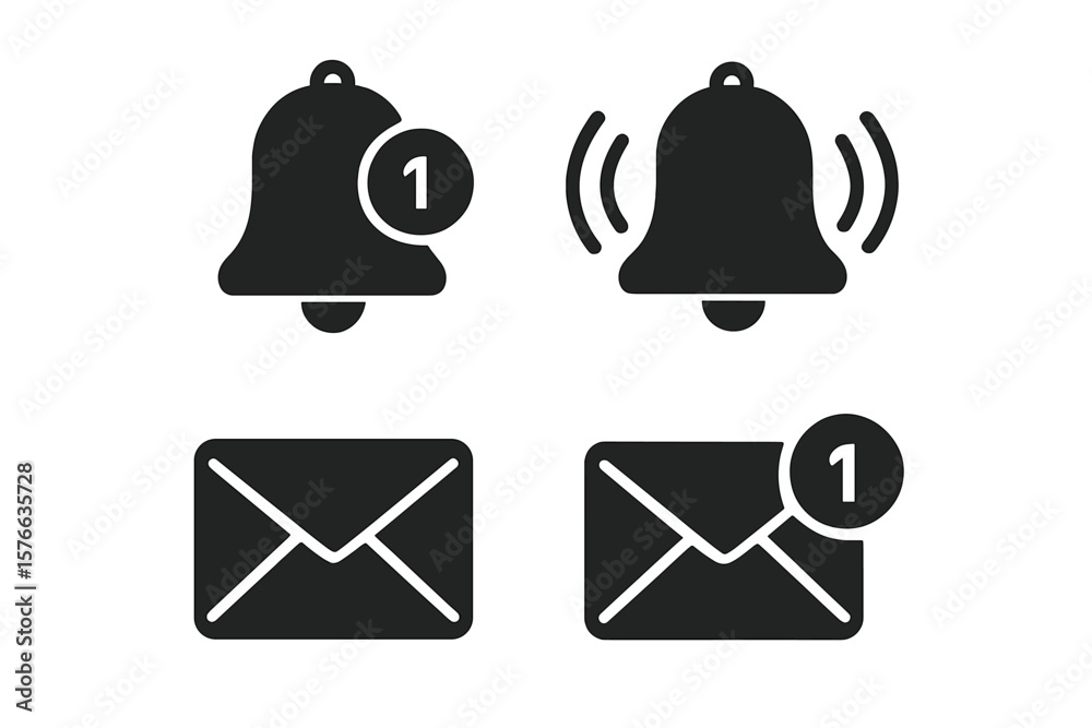 Poster notification bell and message icon set. alert symbol. incoming mail notification. new message badge.