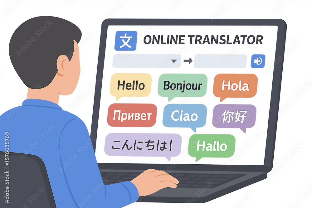 Poster online language translator app interface. multilingual translation service. hello in different langu