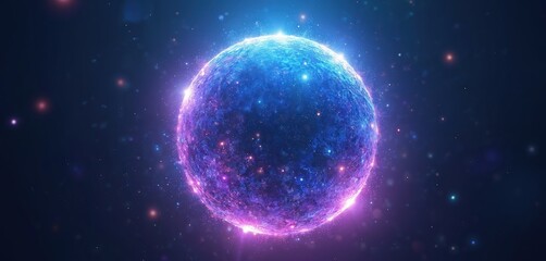 Abstract glowing sphere transitions from blue to purple, emitting bright light. Swirling particles, energy waves create dynamic, three-dimensional effect against dark, star-filled background. Evokes