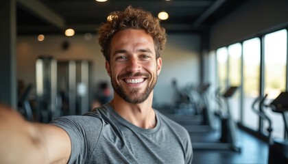 Smiling male fitness instructor takes selfie in modern gym. Muscular man with beard, athletic physique, radiates confidence, energy. Focuses on workout routine, embodying dedication, motivation,