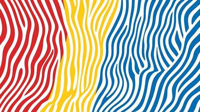 Vibrant zebra pattern with red, yellow and blue stripes on white background