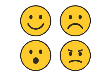 Fototapeta premium Set of 4 Emoticon Face Icons with Different Emotions and Moods, Flat Emoji Vector Illustration, Smile and Expression Icons, Isolated Transparent Background