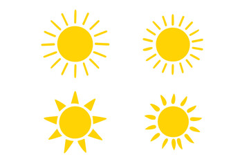 Set of 4 Yellow Sun Icons with Rays and Bursts, Summer Sunshine Symbols, Bright Sky Nature Silhouettes, Vector Collection for Logos, Weather, and Seasonal Designs
