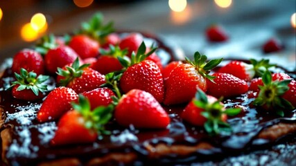Delicious Chocolate Heart-Shaped Cake Topped with Fresh Strawberries and Powdered Sugar for Valentines Day