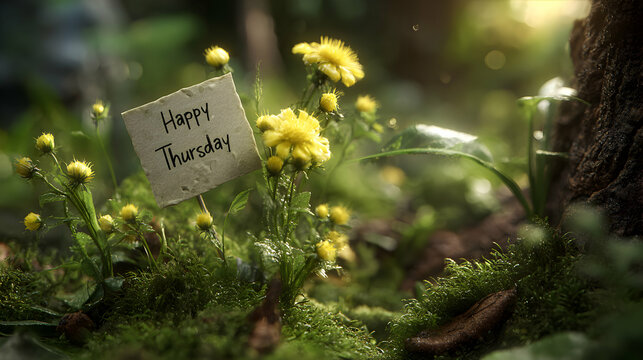 Happy Thursday note among bright yellow flowers, cheerful spring greeting
