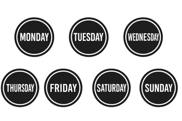 Modern Weekday Icon Set. Days of the Week Labels. Minimalist Circular Badges for Weekly Calendar, Schedule, Planner. Black and White Vector Icons. Transparent Background Design