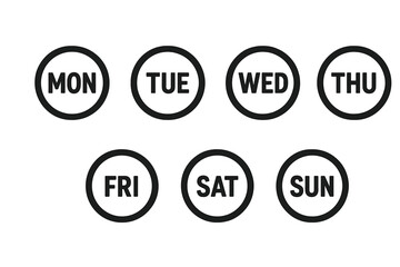 Modern Weekday Icon Set. Circular Day of the Week Badges. Minimalist Weekly Calendar Symbols. Bold Monochrome Vector Illustration. Transparent Background. Monday to Sunday Design