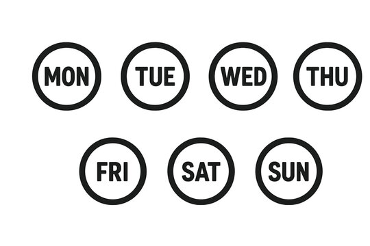 Modern Weekday Icon Set. Circular Day of the Week Badges. Minimalist Weekly Calendar Symbols. Bold Monochrome Vector Illustration. Transparent Background. Monday to Sunday Design