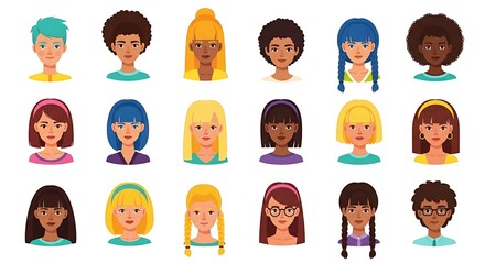 Flat cartoon avatar collection with diverse hairstyles and expressions, social media use.