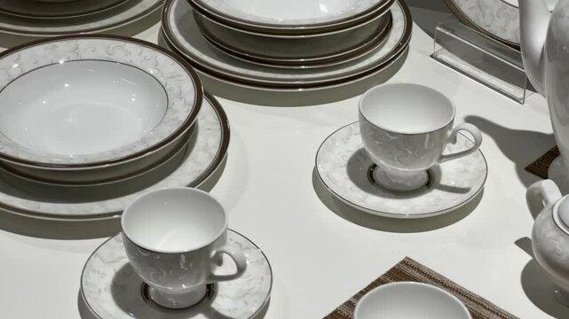 White porcelain dinnerware set with elegant pattern displayed on table