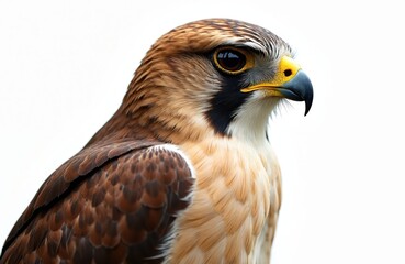 Obraz premium Majestic falcon portrait, isolated on white. Detailed feathers, sharp eye, hooked beak showcase predator. Bird of prey, brown plumage. Focus on avian wildlife, nature, hunting prowess.