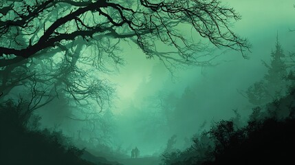 Misty forest path with dark trees