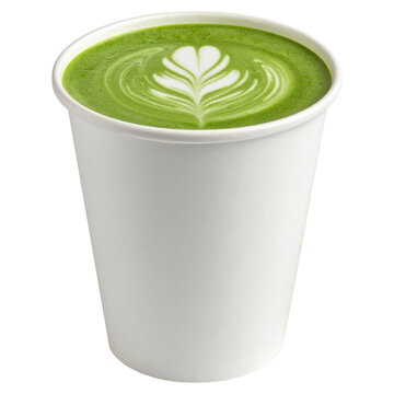 Hot matcha latte in white paper cup with beautiful green tea art on top served as a healthy warm beverage for takeaway or cafe drink