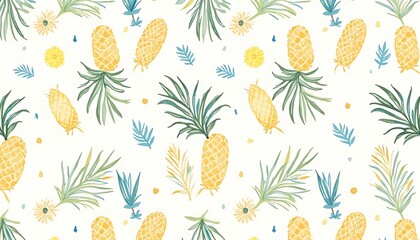 Watercolor Pineapple Pattern Design with Flowers and Leaves on White Background