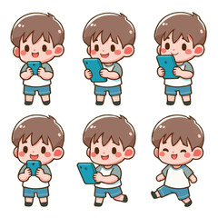 Flat Vector Boys Using Gadgets, Kids with Phones on White Background