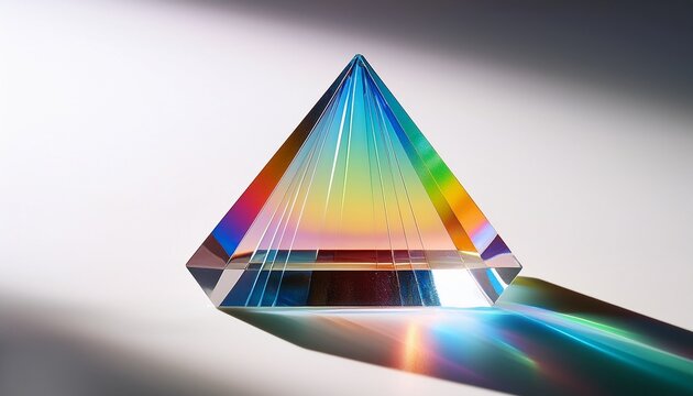a crystal prism rests elegantly on a white background refracting light into a spectrum of colors the play of light creates a captivating shadow that enhances its beauty