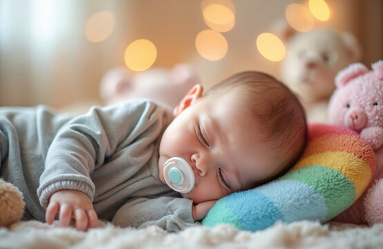 Baby sleeping peacefully on bed with colorful stuffed animal. Green, blue design, white bed, green blanket. Calm atmosphere, serene scene, sweet baby, soft toys, cozy, comfortable, safe, blissful,