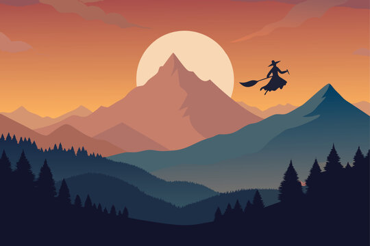 fantasy style flying witch over mountains during  (1).eps