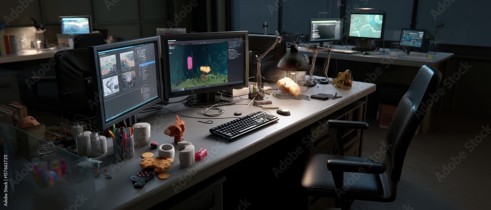 Fototapete game development studio workspace with multiple screens showcasing creative design